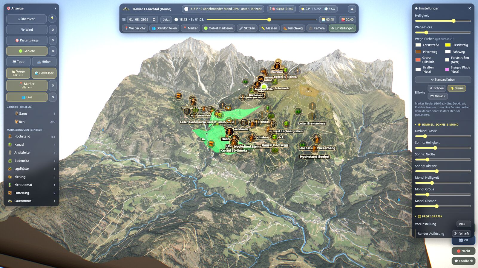 Settings in the 3D diorama with the graphics, sky and display sections unfolded