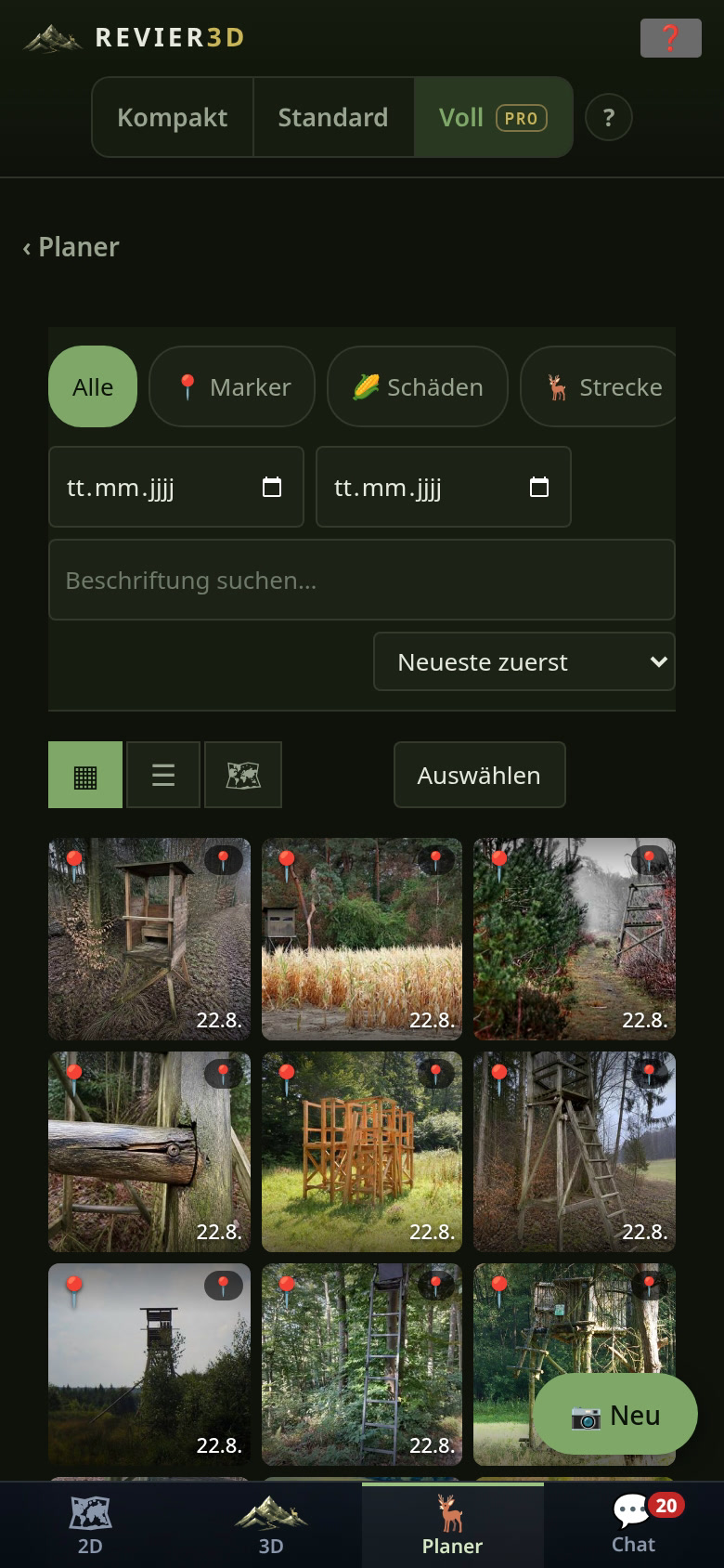Alle Revierfotos als Raster, Liste oder Karte